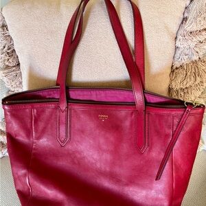 Fossil Red Leather Tote Bag